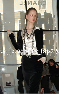 CHANEL 03A Black Ivory Collar Velvet Cotton Jacket 38 シャネル ブラック アイボリー 襟  ベルベット コットン ジャケット 即発