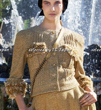 CHANEL 13C Gold Silk Fringe Collarless Tweed Jacket Skirt Suit 38 シャネル ゴールド シルク フリンジ ノーカラー ツイード ジャケット スカート スーツ 即発