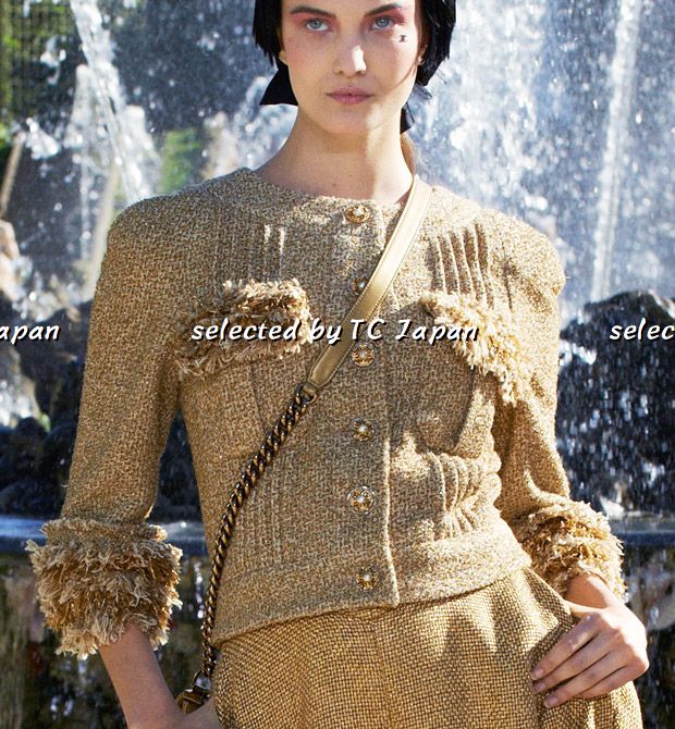 CHANEL 13C Gold Silk Fringe Collarless Tweed Jacket Skirt Suit 38 シャネル ゴールド シルク フリンジ ノーカラー ツイード ジャケット スカート スーツ 即発