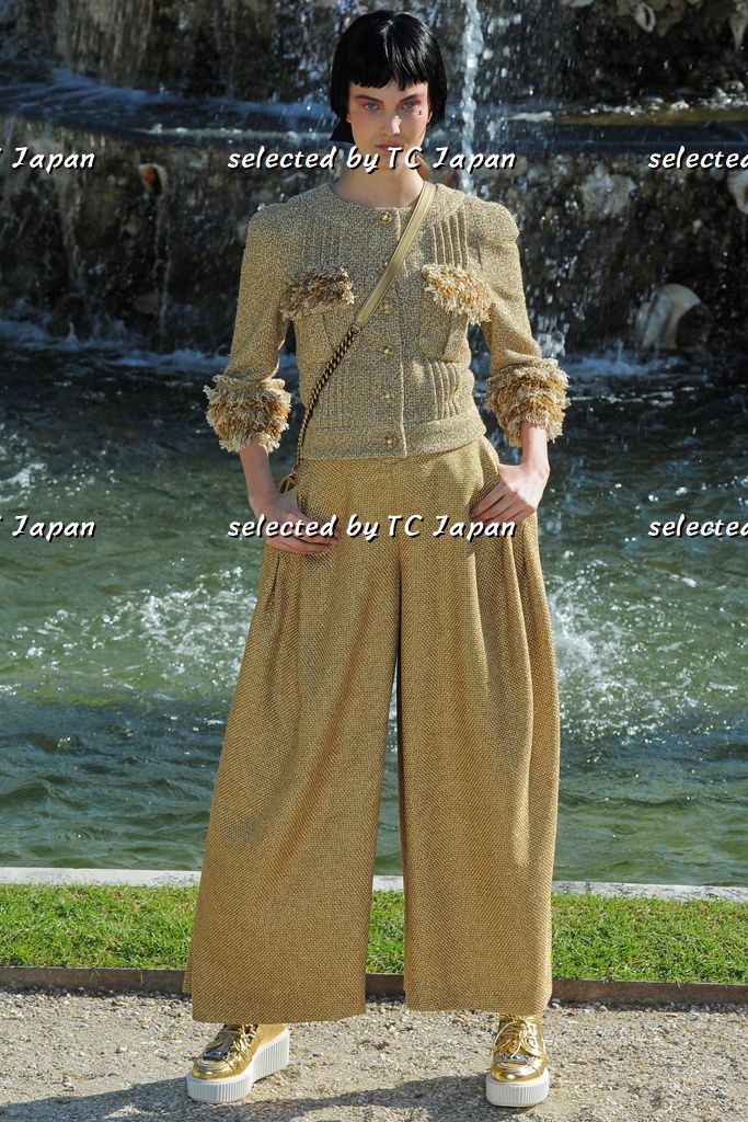 CHANEL 13C Gold Silk Fringe Collarless Tweed Jacket Skirt Suit 38 シャネル ゴールド シルク フリンジ ノーカラー ツイード ジャケット スカート スーツ 即発
