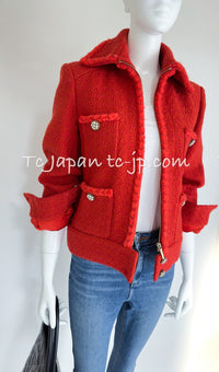 CHANEL 19A Coral Red Zipper Wool Tweed Coat Jacket 36 38 シャネル コーラル・レッド・ジッパー・ウール・ツイード・コート・ジャケット 即発