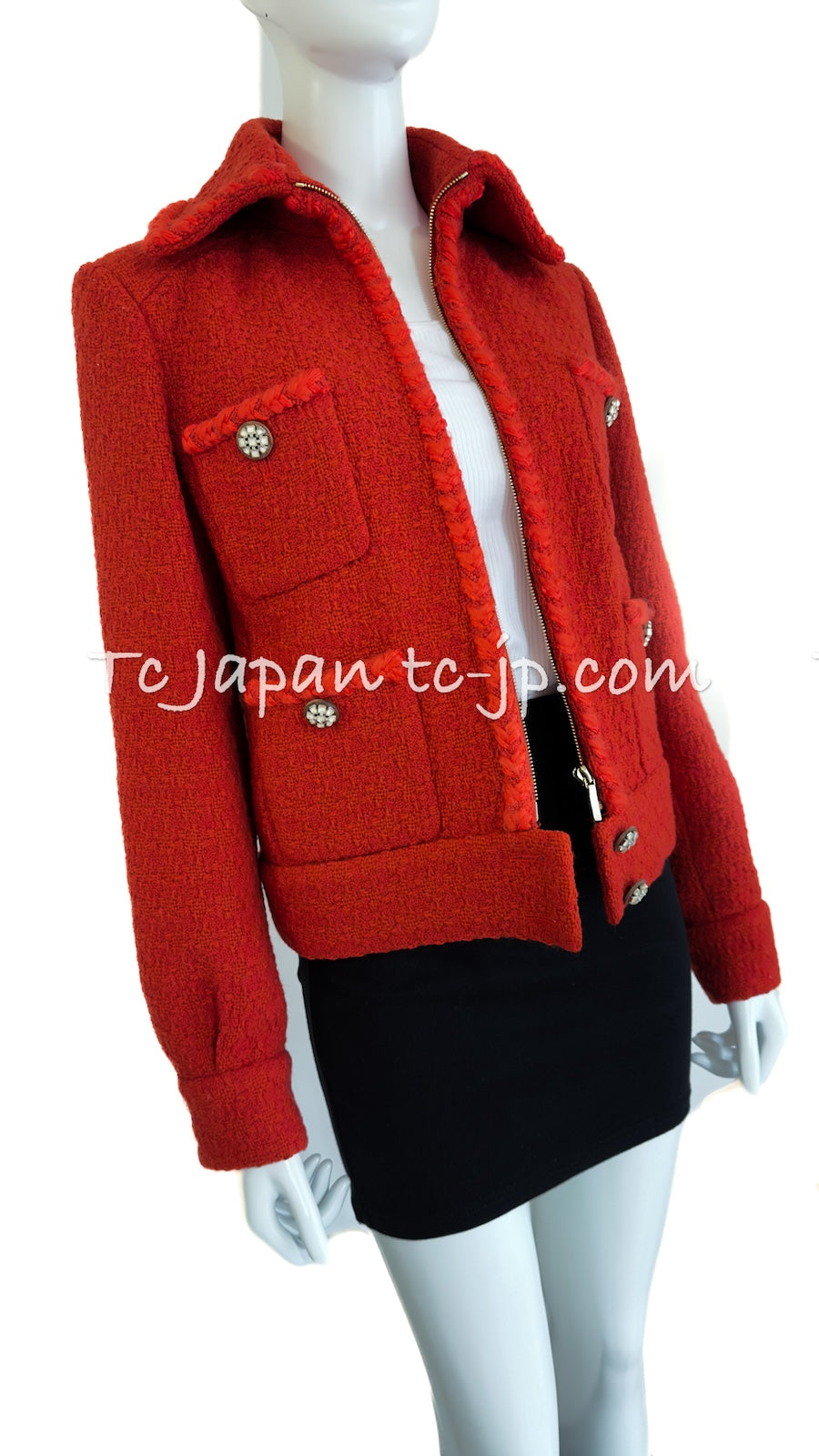 CHANEL 19A Coral Red Zipper Wool Tweed Coat Jacket 36 38 42 シャネル コーラル レッド ジッパー ウール ツイード コート ジャケット 即発