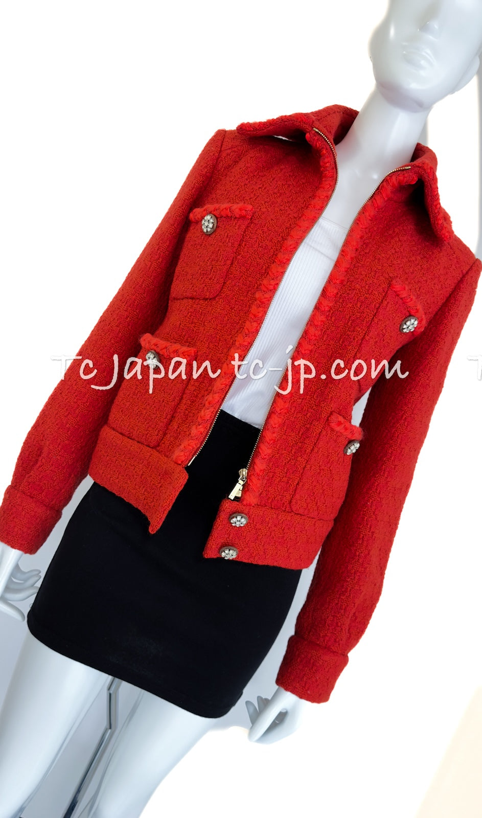 CHANEL 19A Coral Red Zipper Wool Tweed Coat Jacket 36 38 42 シャネル コーラル レッド ジッパー ウール ツイード コート ジャケット 即発