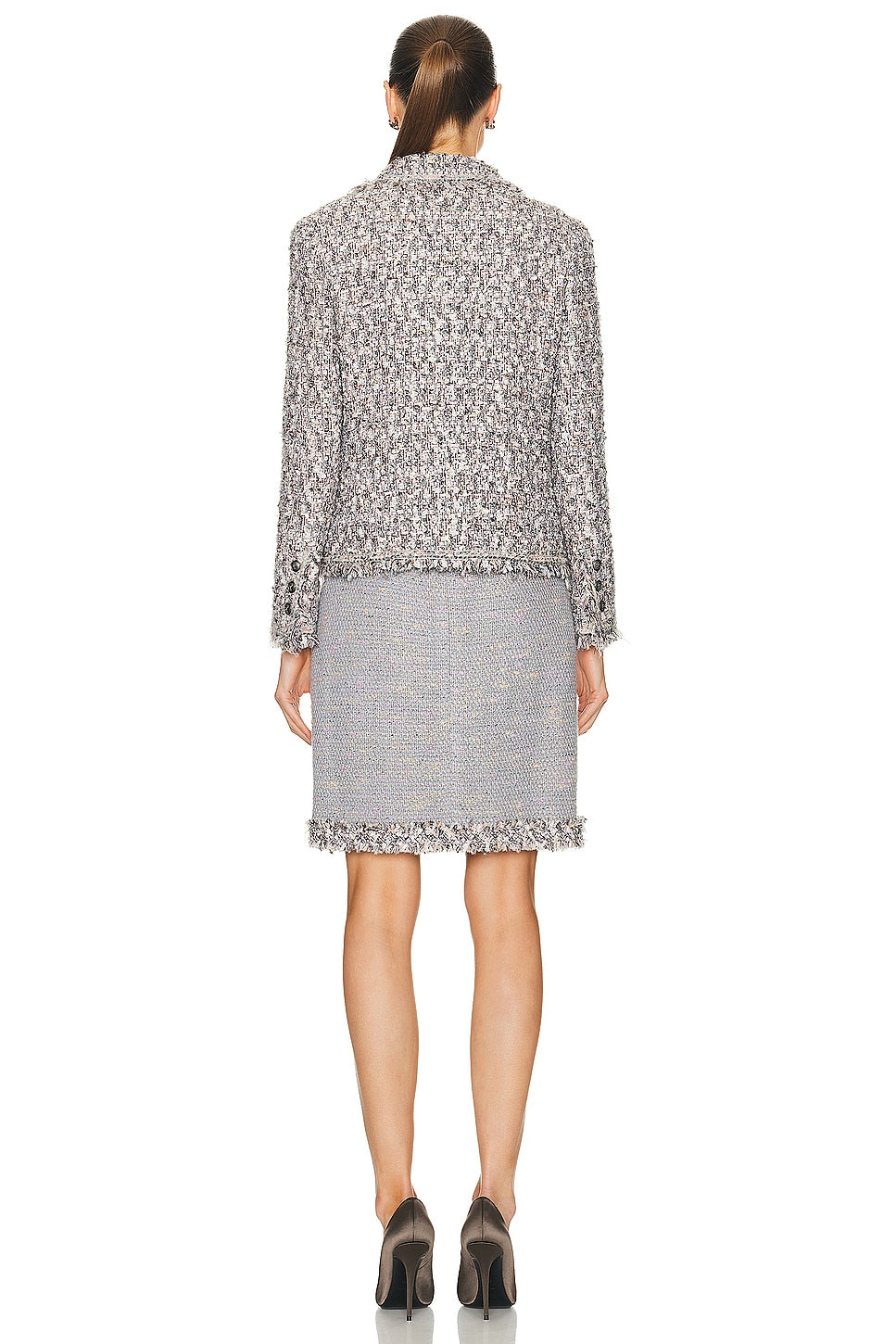 CHANEL 04A Gray Pink Lavender Multi Tweed Jacket Skirt Suit 38 シャネル グレー ピンク ラベンダー マルチカラー ツイード ジャケット スカート スーツ 即発
