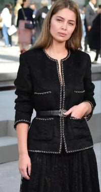 CHANEL 19B Black Llama Wool Chain Trim Jacket 38 40 シャネル ブラック ラマ ウール チェーン トリミング ジャケット 即発