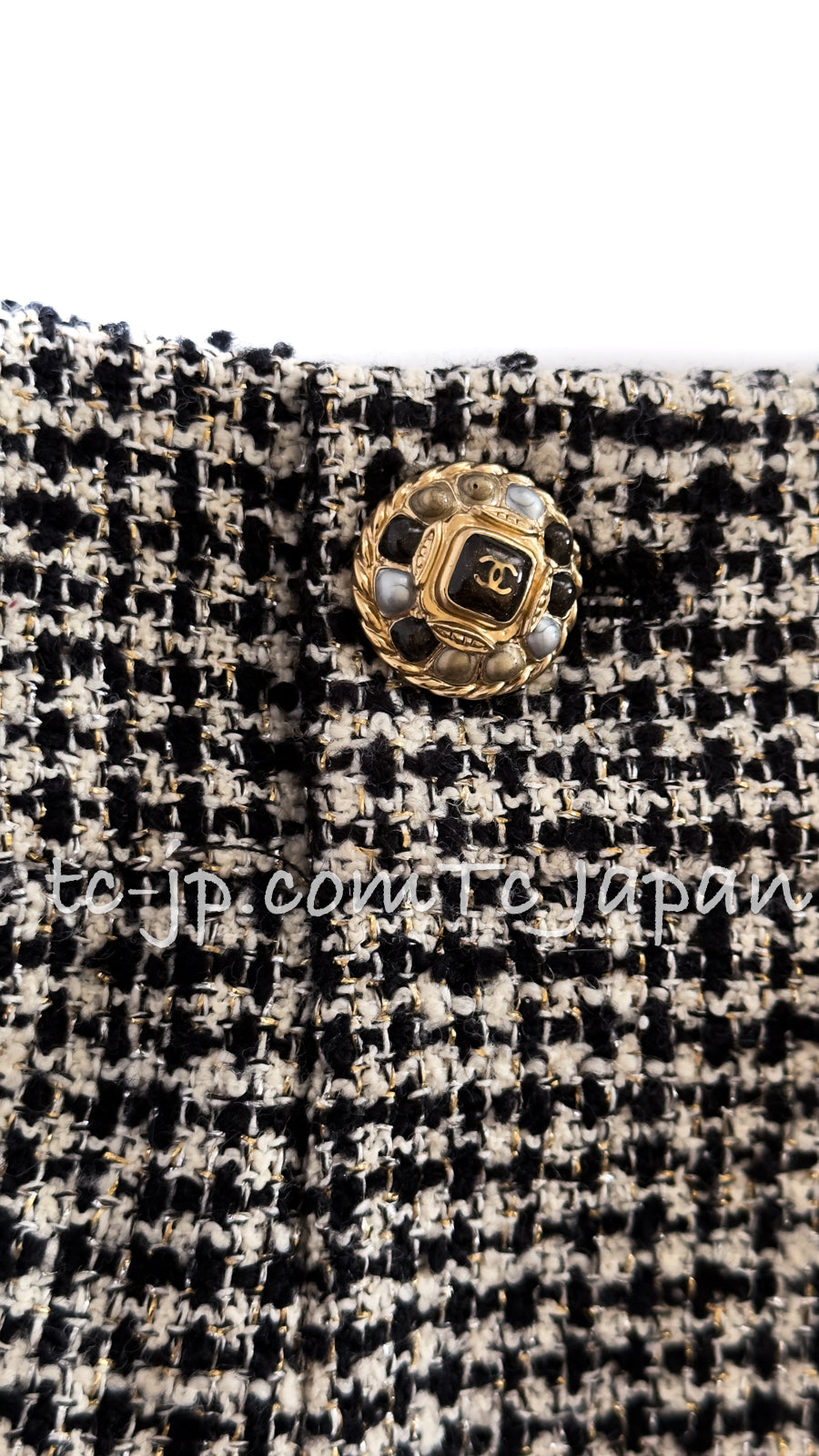 CHANEL 10C Black Ivory Gold Stand Collar Tweed Jacket Skirt Suit 34 40 シャネル ブラック アイボリー ゴールド スタンドカラー ツイード ジャケット スカート スーツ 即発