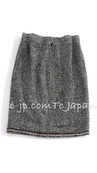 CHANEL 10C Black Ivory Gold Stand Collar Tweed Jacket Skirt Suit 34 40 シャネル ブラック アイボリー ゴールド スタンドカラー ツイード ジャケット スカート スーツ 即発