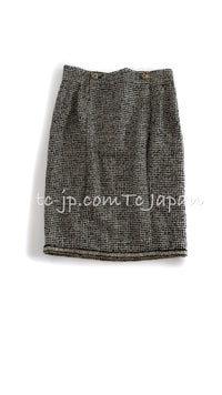 CHANEL 10C Black Ivory Gold Stand Collar Tweed Jacket Skirt Suit 34 40 シャネル ブラック アイボリー ゴールド スタンドカラー ツイード ジャケット スカート スーツ 即発