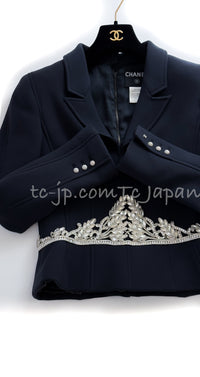 CHANEL 02A Dark Navy Rhinestones Vintage Wool Jacket Skirt Suit 38 40 42 シャネル ダークネイビー・ウール・ヘップバーン風・ラインストーン・王冠ジャケット 即発