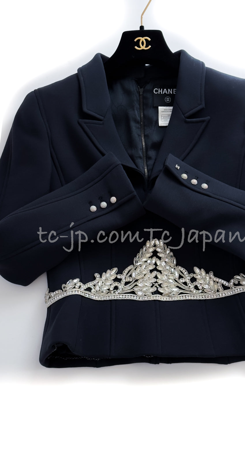 CHANEL 02A Dark Navy Rhinestones Vintage Wool Jacket Skirt Suit 38 40 42 シャネル ダークネイビー・ウール・ヘップバーン風・ラインストーン・王冠ジャケット 即発