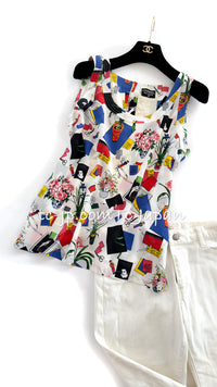 CHANEL 87S Silk Sleeveless Atelier CC Logo Tops 38 40 シャネル ヴィンテージ・シルク・ノースリーブ・アトリエ柄・トップス 即発