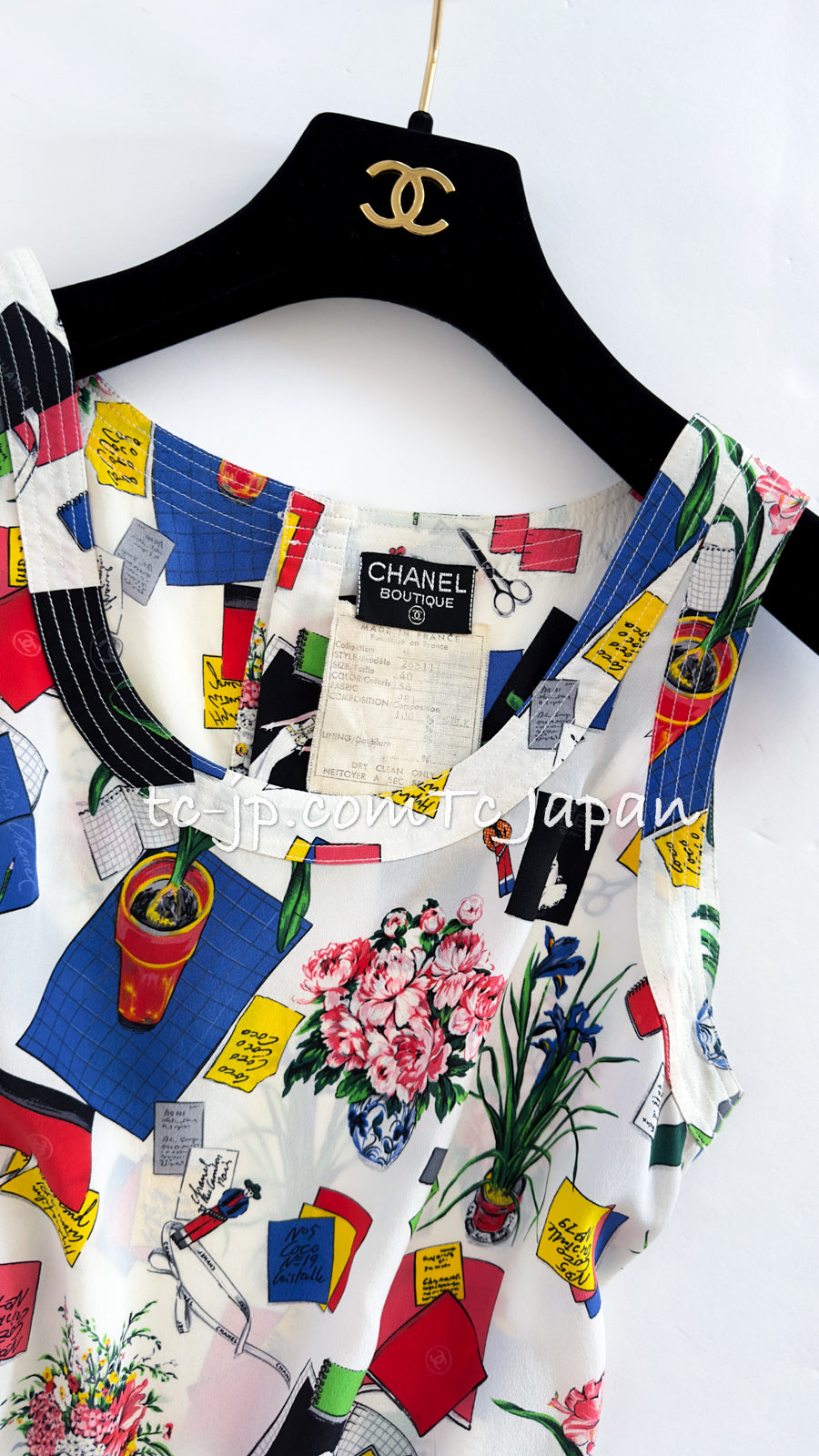 CHANEL 87S Silk Sleeveless Atelier CC Logo Tops 38 40 シャネル ヴィンテージ・シルク・ノースリーブ・アトリエ柄・トップス 即発