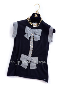 CHANEL 07S Black White Cashmere Silk Celebrity Bow Knit Tops 34 36 シャネル ブラック カシミア シルク セレブのリボン ニット トップス 即発