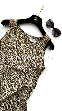 CHANEL 87S Brown Olive Silk Sleeveless Ribbon Tops 38 シャネル オリーブ・ブラウン・リボン柄・シルク・ノースリーブ・・トップス 即発