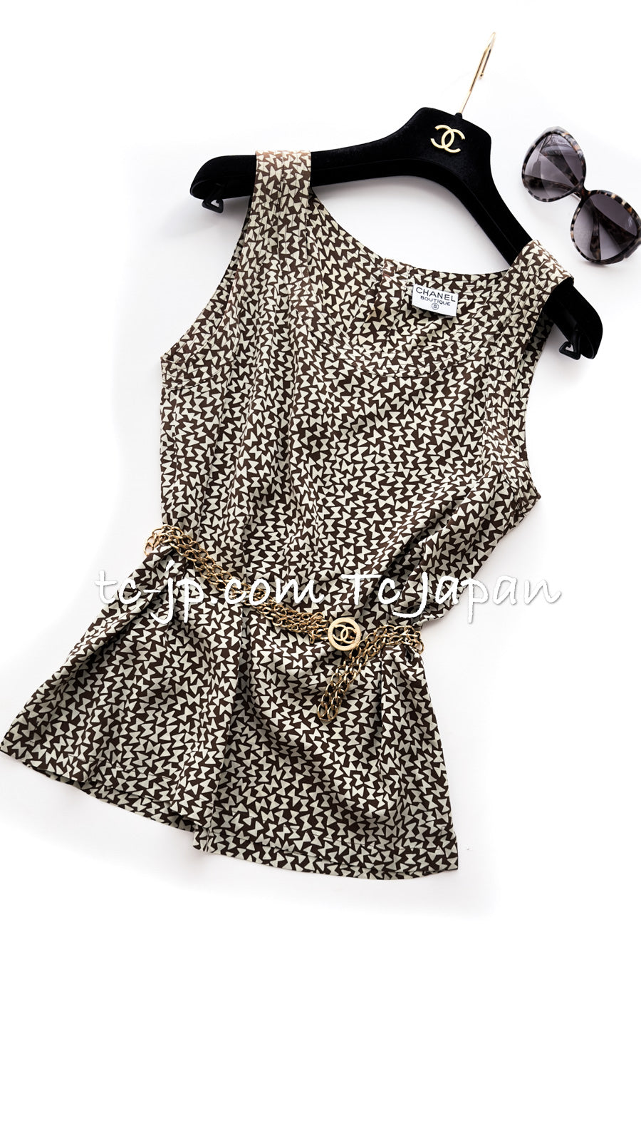 CHANEL 87S Brown Olive Silk Sleeveless Ribbon Tops 38 シャネル オリーブ・ブラウン・リボン柄・シルク・ノースリーブ・・トップス 即発
