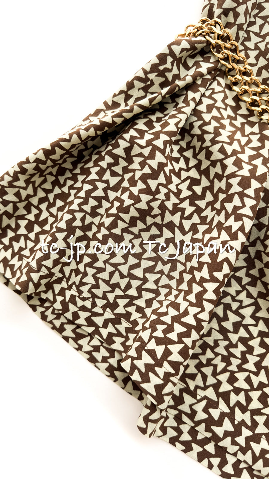 CHANEL 87S Brown Olive Silk Sleeveless Ribbon Tops 38 シャネル オリーブ・ブラウン・リボン柄・シルク・ノースリーブ・・トップス 即発