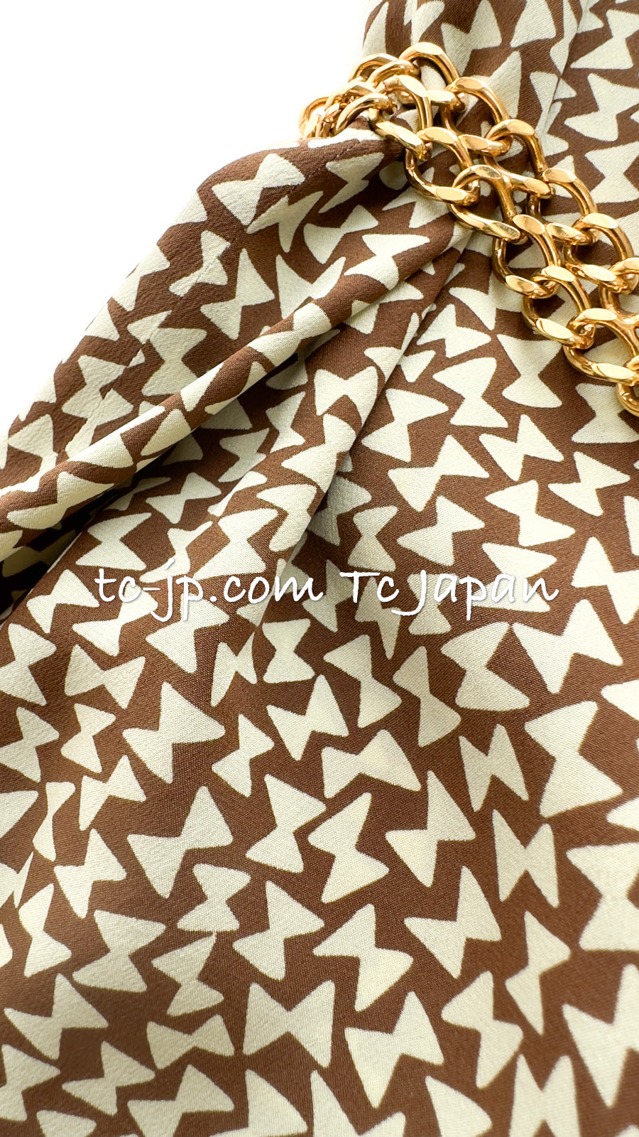 CHANEL 87S Brown Olive Silk Sleeveless Ribbon Tops 38 シャネル オリーブ・ブラウン・リボン柄・シルク・ノースリーブ・・トップス 即発