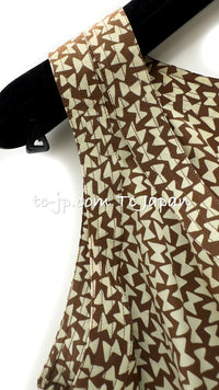 CHANEL 87S Brown Olive Silk Sleeveless Ribbon Tops 38 シャネル オリーブ・ブラウン・リボン柄・シルク・ノースリーブ・・トップス 即発
