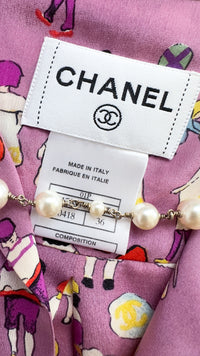 CHANEL 01S Vintage Purple Silk Blouse Shirts Tops 36 38 シャネル ヴィンテージ パープル イラスト柄 シルク ブラウス シャツ トップス 即発