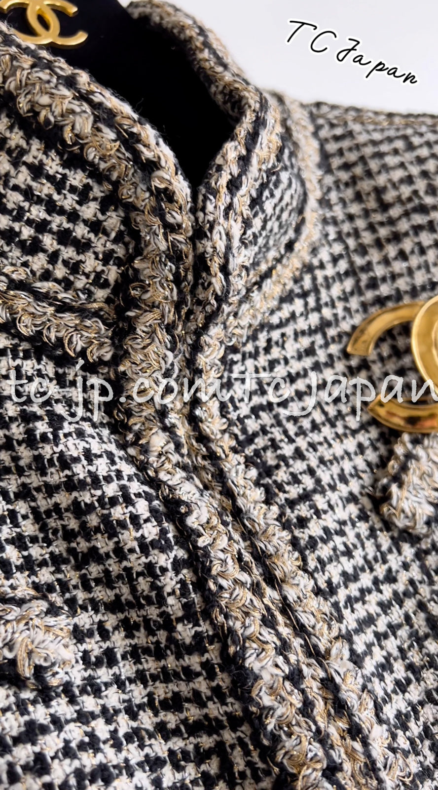 CHANEL 10C Black Ivory Gold Stand Collar Tweed Jacket Skirt Suit 34 40 シャネル ブラック アイボリー ゴールド スタンドカラー ツイード ジャケット スカート スーツ 即発