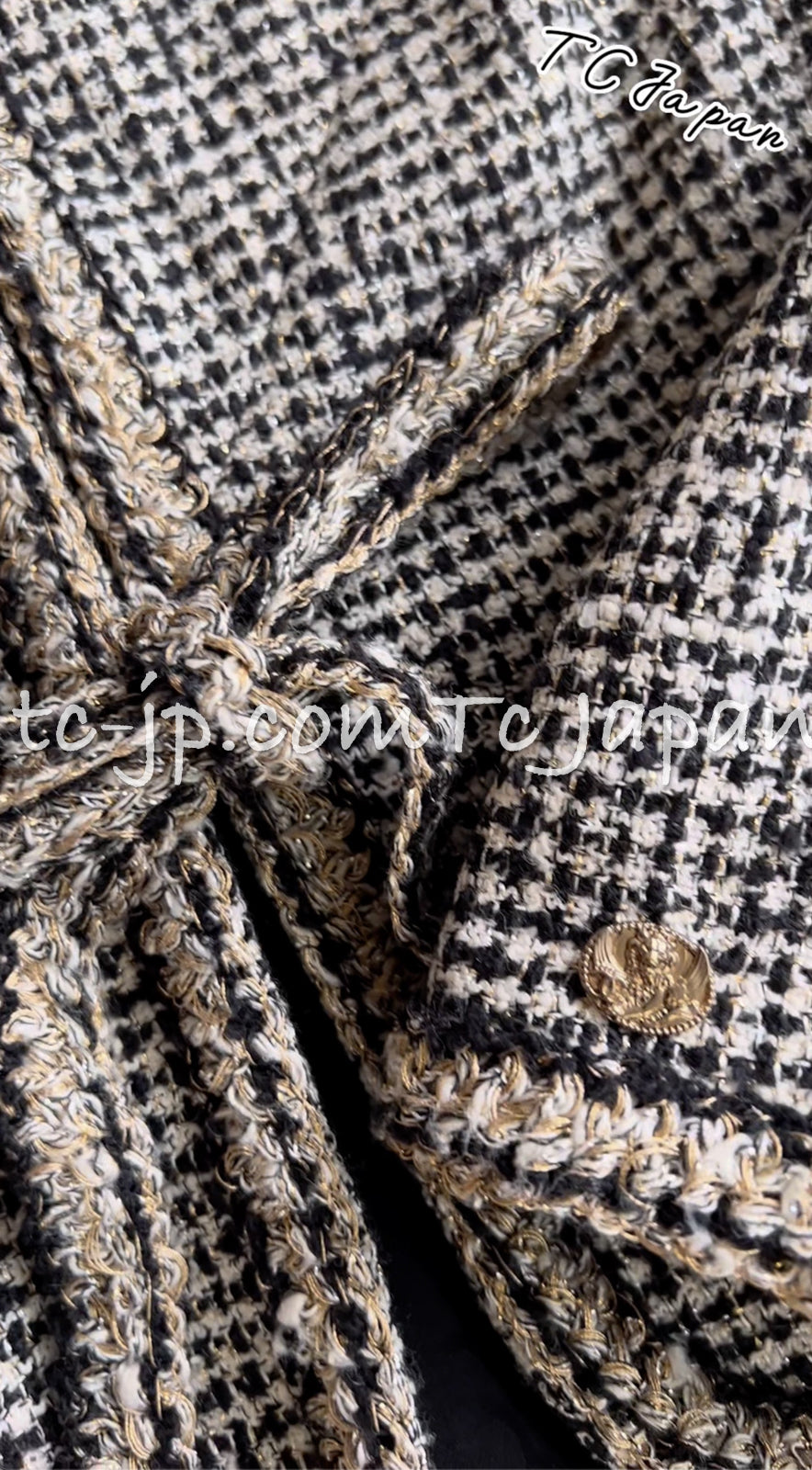 CHANEL 10C Black Ivory Gold Stand Collar Tweed Jacket Skirt Suit 34 40 シャネル ブラック アイボリー ゴールド スタンドカラー ツイード ジャケット スカート スーツ 即発