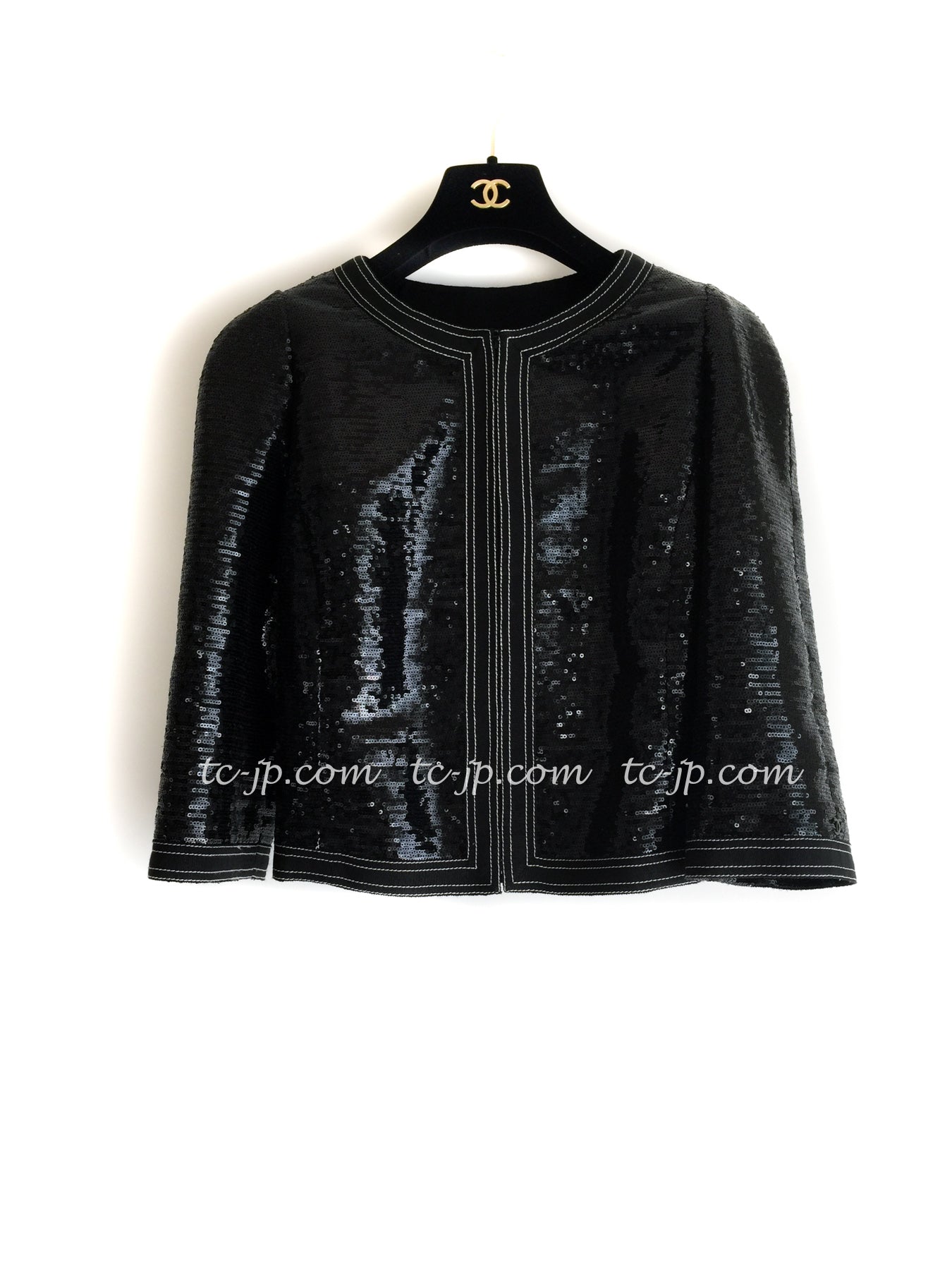 CHANEL 13C Black Sequins Cropped Party Zipper Jacket Keira Knightley 34 36 シャネル ブラック スパンコール クロップド丈 パーディー ジッパー ジャケット キーラ・ナイトレイ 着用 即発