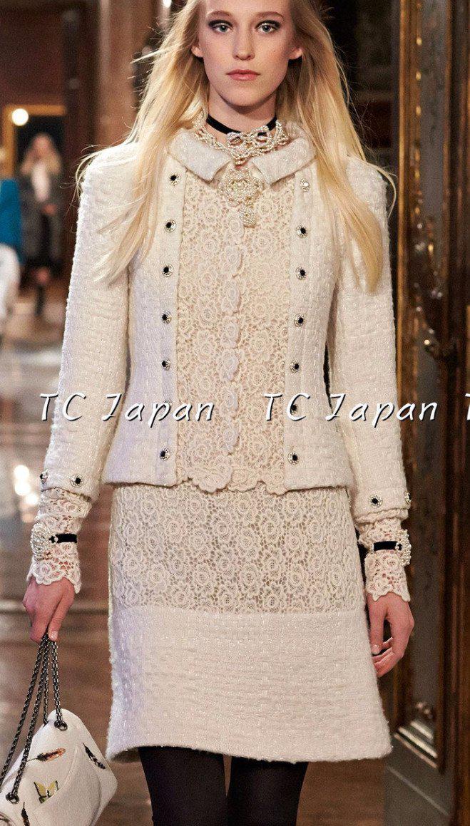 シャネル ワンピース CHANEL アイボリー クリーム カシミヤ カメリア 