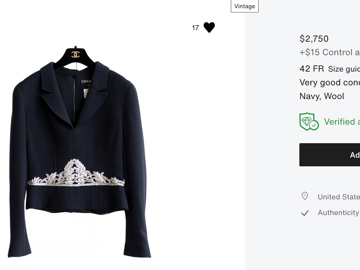 CHANEL 02A Dark Navy Rhinestones Vintage Wool Jacket Skirt Suit 38 40 42 シャネル ダークネイビー・ウール・ヘップバーン風・ラインストーン・王冠ジャケット 即発