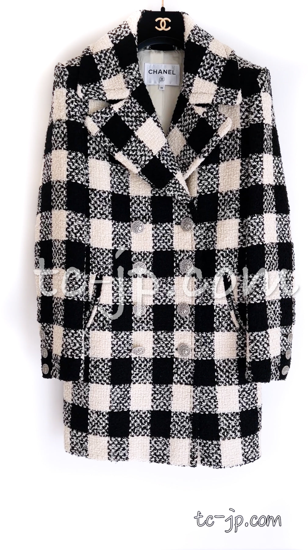 CHANEL 16PF Ivory Black Wool Silk Double Tweed Coat 34 36 38 40 シャネル アイボリー ブラック ウール シルク チェック ツイード コート メンズも!即発