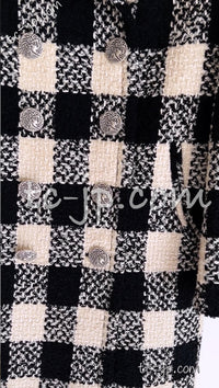 CHANEL 16PF Ivory Black Wool Silk Double Tweed Coat 34 36 38 40 シャネル アイボリー ブラック ウール シルク チェック ツイード コート メンズも!即発