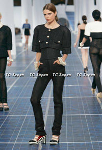 CHANEL 13S Black Stretchable Mesh Jacket With Pearl Button Skirt 40 44 シャネル ブラック ビッグ パール ボタン ストレッチ メッシュ スカート 即発