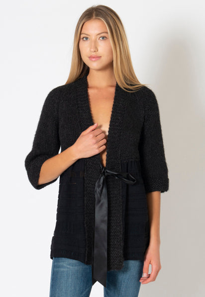 CHANEL 07PF Charcoal Black Alpaca Cardigan 36 38 シャネル 高級アルパカ リボン チャコール グレー ブラック カーディガン