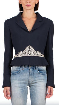 CHANEL 02A Dark Navy Rhinestones Vintage Wool Jacket Skirt Suit 38 40 42 シャネル ダークネイビー・ウール・ヘップバーン風・ラインストーン・王冠ジャケット 即発