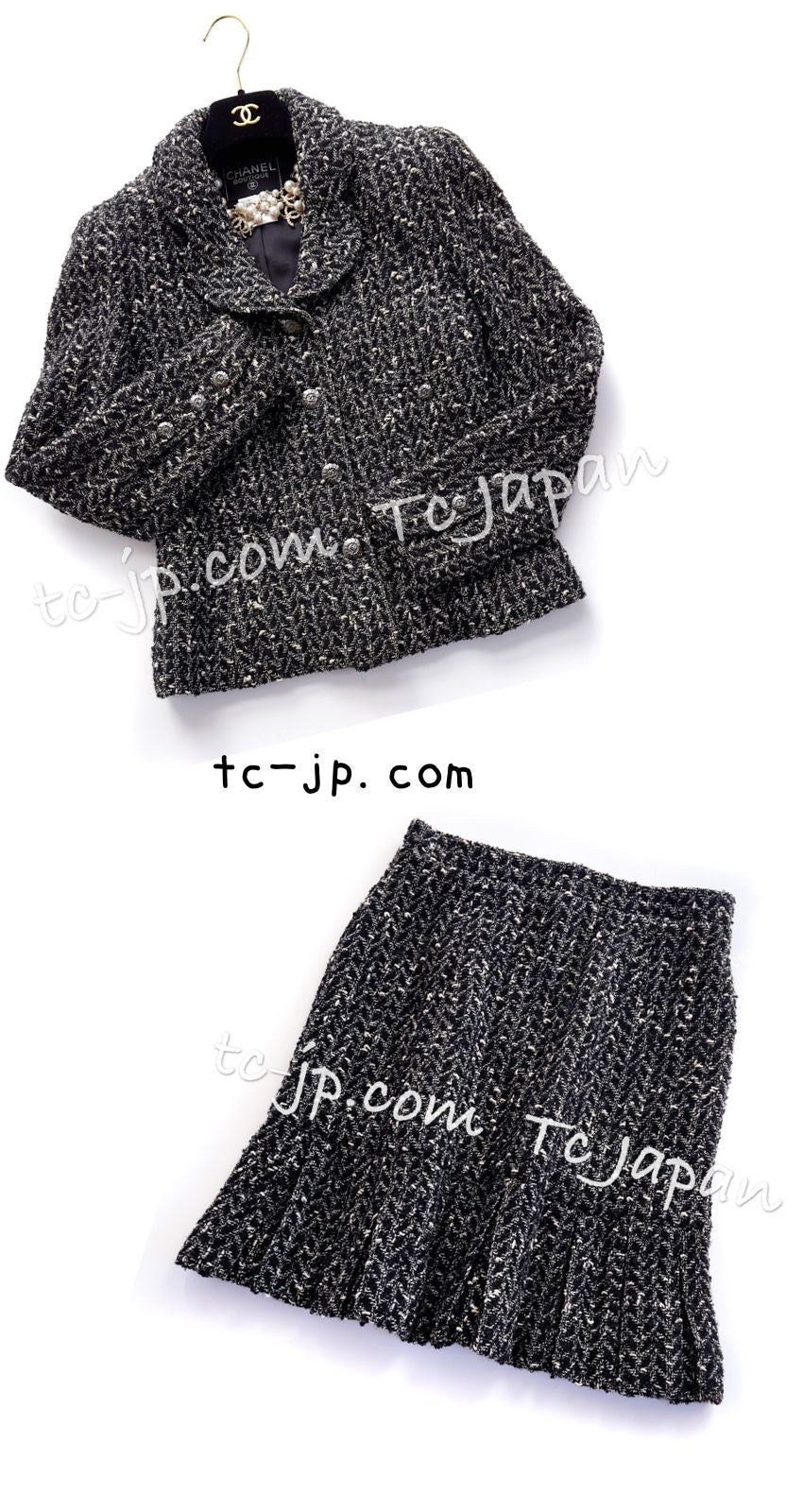 CHANEL 97A Vintage Black Gray Chevron Tweed Jacket Skirt Suit 36 38 40 シャネル ヴィンテージ ブラック グレー シェブロン ツイード ジャケット スカート スーツ 即発