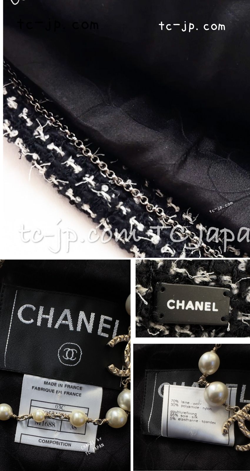 CHANEL 03C Black White Tweed Double Jacket Skirt Suit W/ 3 Camellia Brooches 36 38 シャネル ブラック ホワイト カメリア ブローチ3つ付 ツイード ダブル ジャケット 水滴 CCボタン スカート スーツ 即発