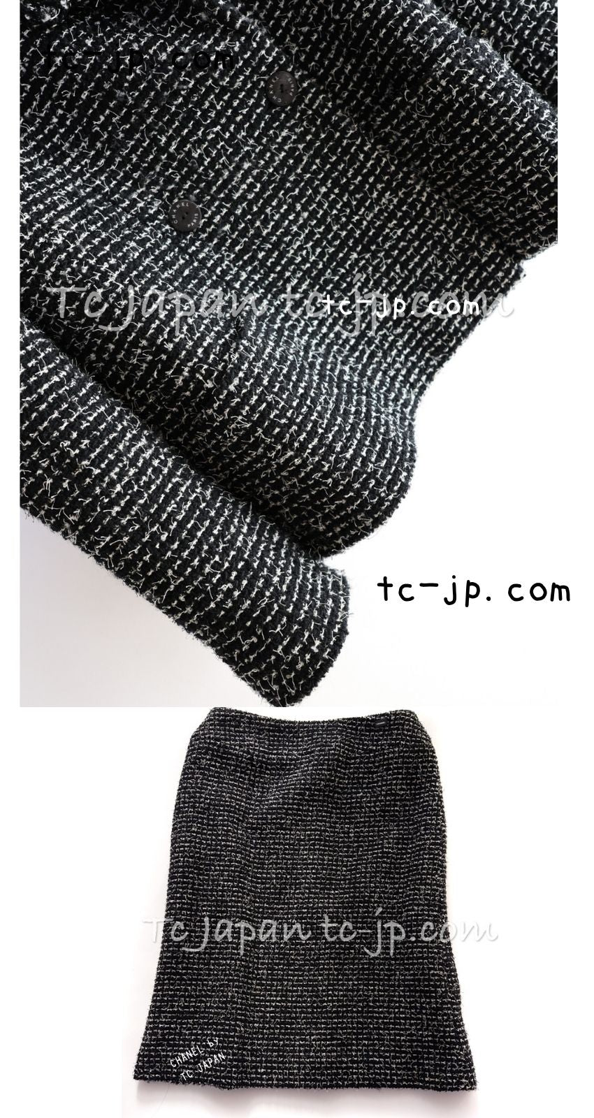 CHANEL 03C Black White Tweed Double Jacket Skirt Suit W/ 3 Camellia Brooches 36 38 シャネル ブラック ホワイト カメリア ブローチ3つ付 ツイード ダブル ジャケット 水滴 CCボタン スカート スーツ 即発