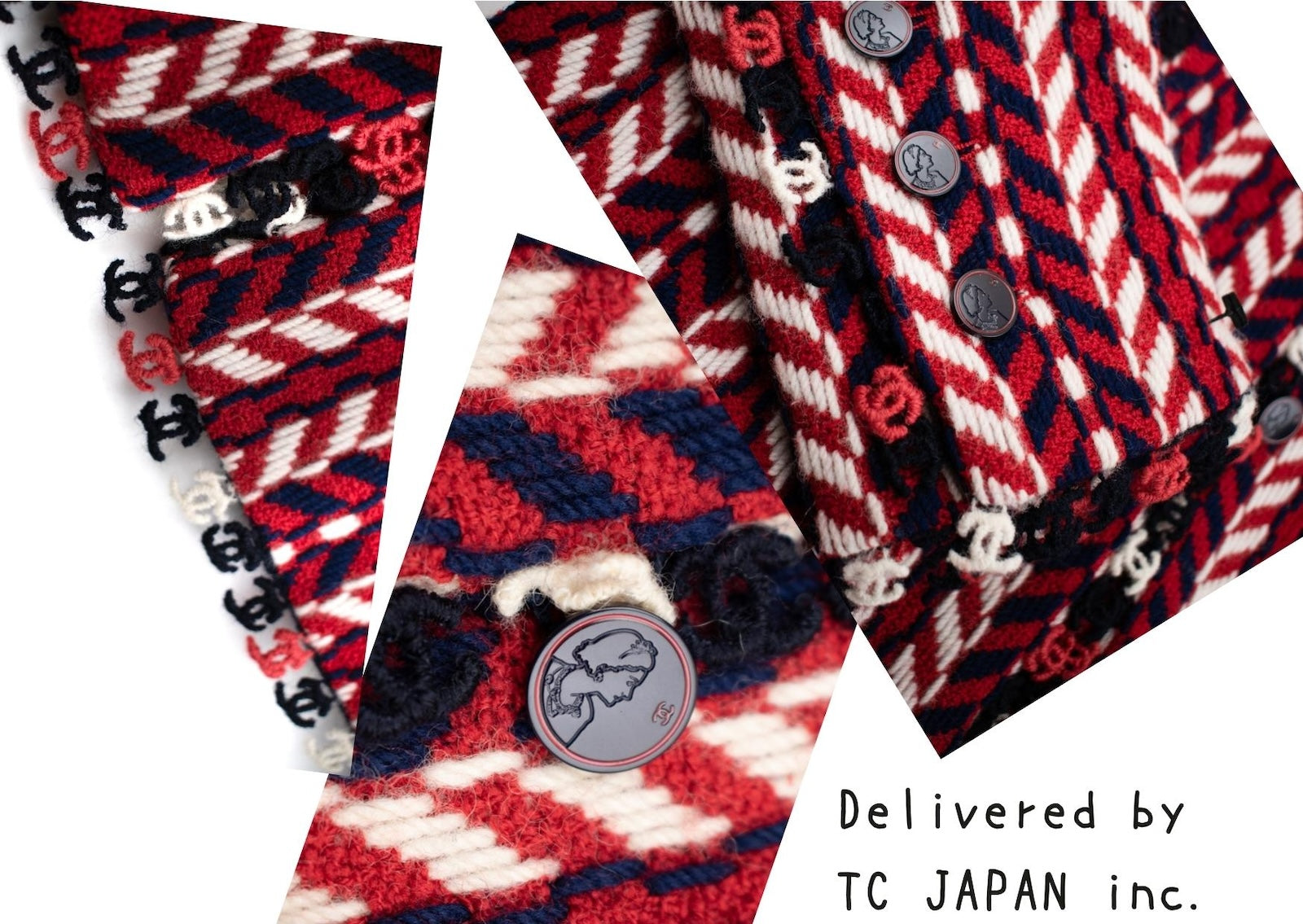 CHANEL 04A Red Navy Tricolore CC Logo Trim Wool Tweed Jacket Skirt Suit 36 38 ① シャネル レッド ネイビー トリコロール ウール ツイード ジャケット スカート スーツ 即発