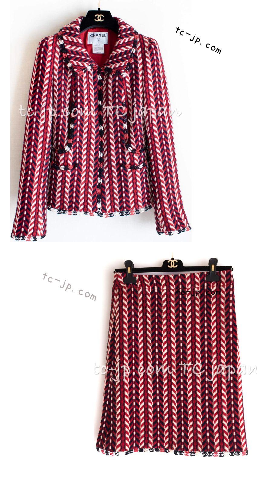CHANEL 04A Red Navy Tricolore CC Logo Trim Wool Tweed Jacket Skirt Suit 36 38 ① シャネル レッド ネイビー トリコロール ウール ツイード ジャケット スカート スーツ 即発