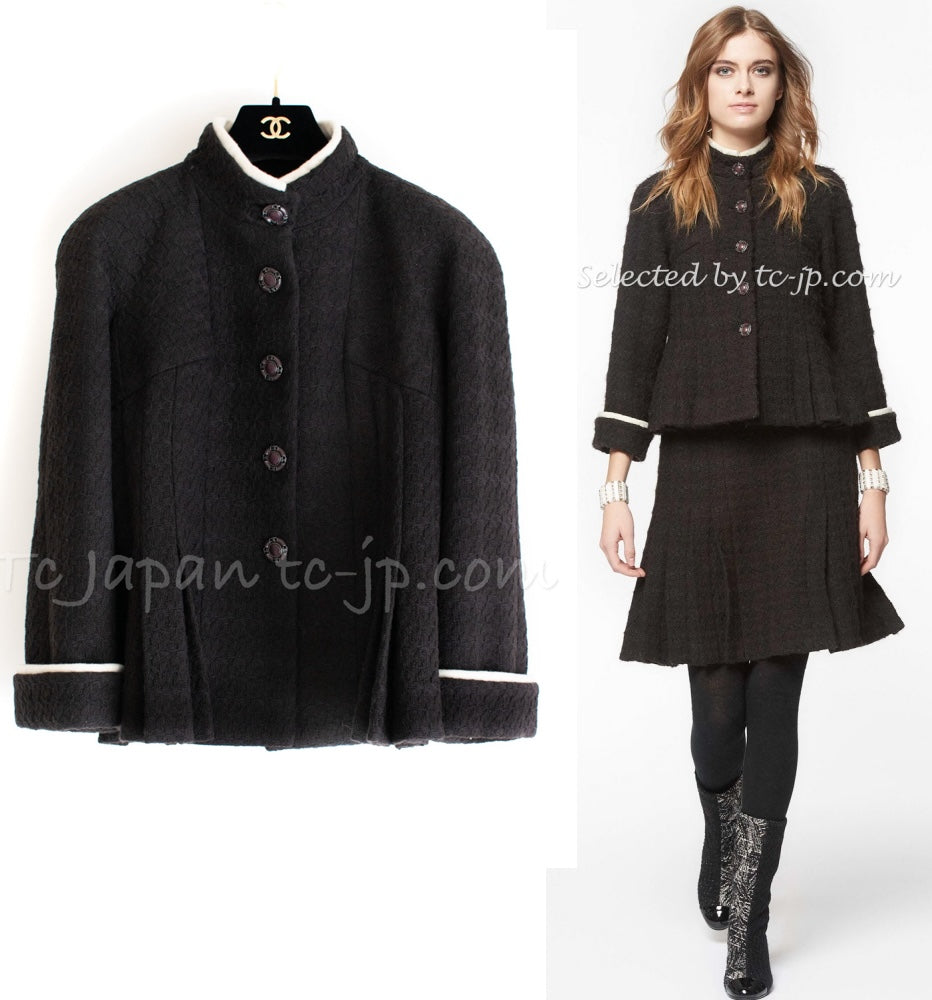 CHANEL 18PA 18B Brown Wool 100 Stand Collar Pleated Tweed Jacket 42 シャネル ブラウン ウール 100 スタンド カラー プリーツ ツイード ジャケット 即発