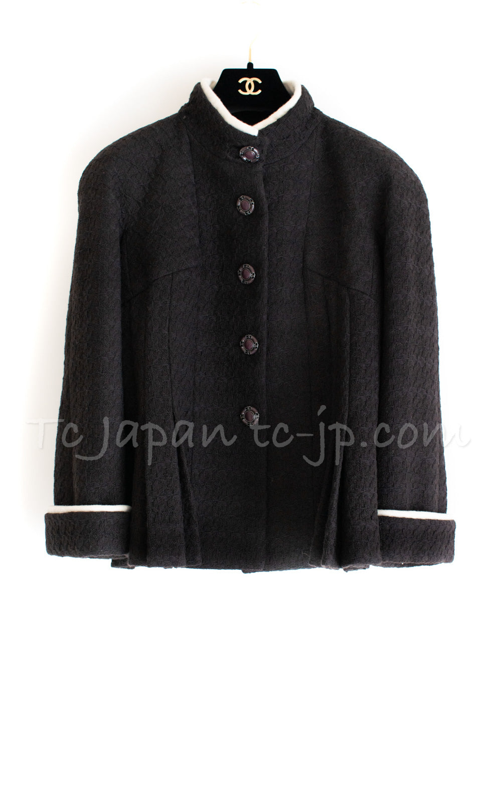 CHANEL 18PA 18B Brown Wool 100 Stand Collar Pleated Tweed Jacket 42 シャネル ブラウン ウール 100 スタンド カラー プリーツ ツイード ジャケット 即発