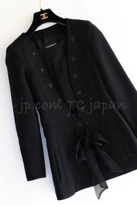 CHANEL 02S Black Cotton Silk Chiffon Organza Ribbon Tops Jacket 34 シャネル ブラック コットン シルク シフォン オーガンジー リボントップス ジャケット 即発