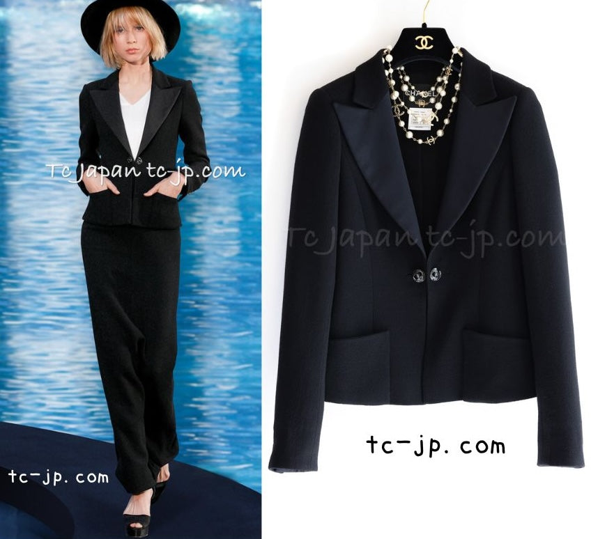 CHANEL 09C Black Wool Silk Collar Jacket Heart CC Button 34 シャネル ブラック CC ハート ボタン ウール シルク襟 ジャケット 即発