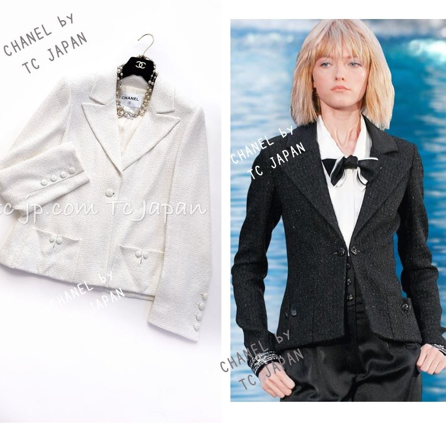 CHANEL 09C White Silver CC Logo Button Jacket 46 シャネル ホワイト・メタリック シルバー・貴重な  手製 コットン・ツイード・ジャケット CCロゴボタン 即発