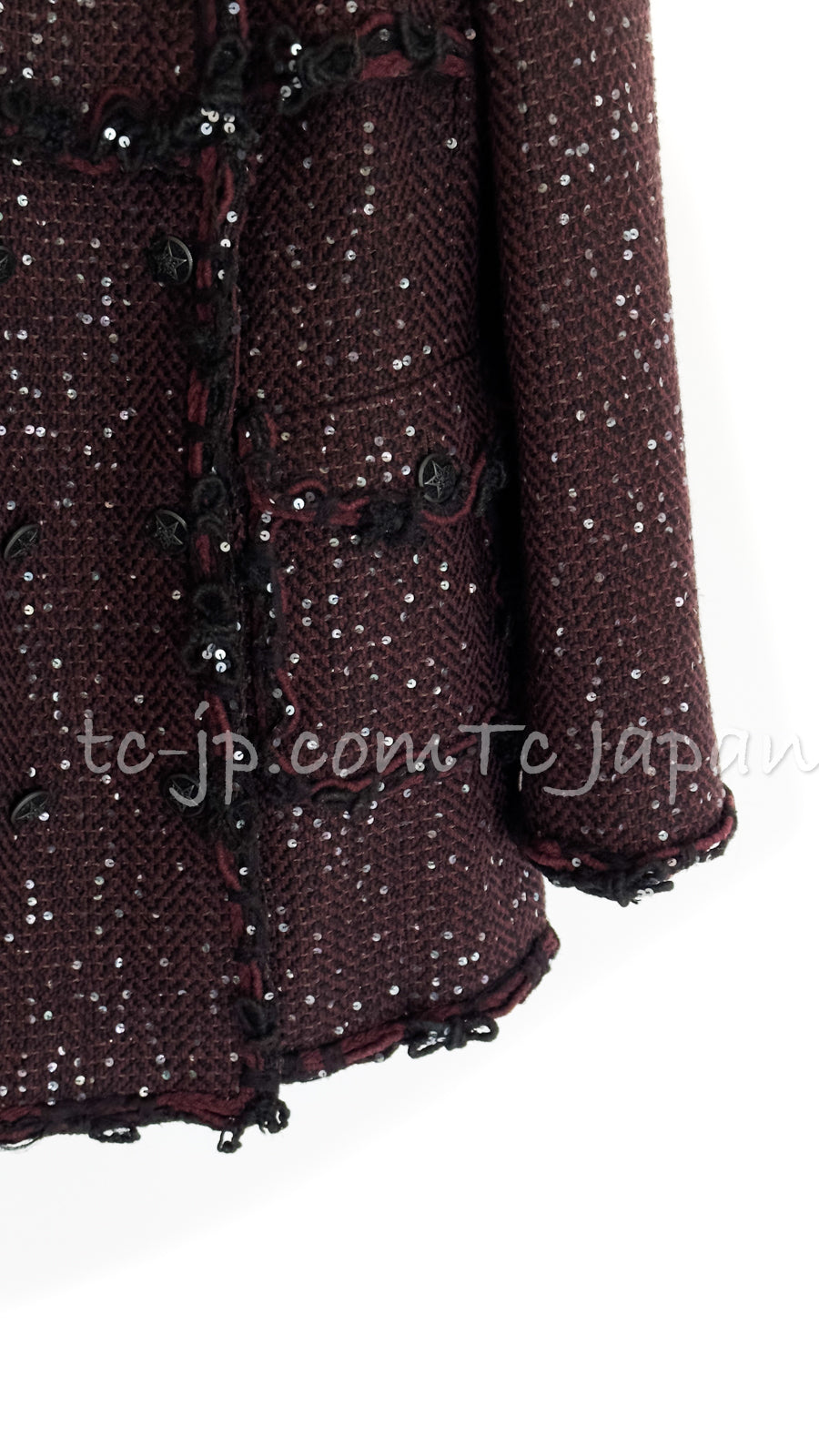 CHANEL 07PF Plum Burgundy Sequin Tweed Jacket Coat Skirt Suit 38 40 シャネル プラム バーガンディー スパンコール ツイード ジャケット コート スカート スーツ 即発