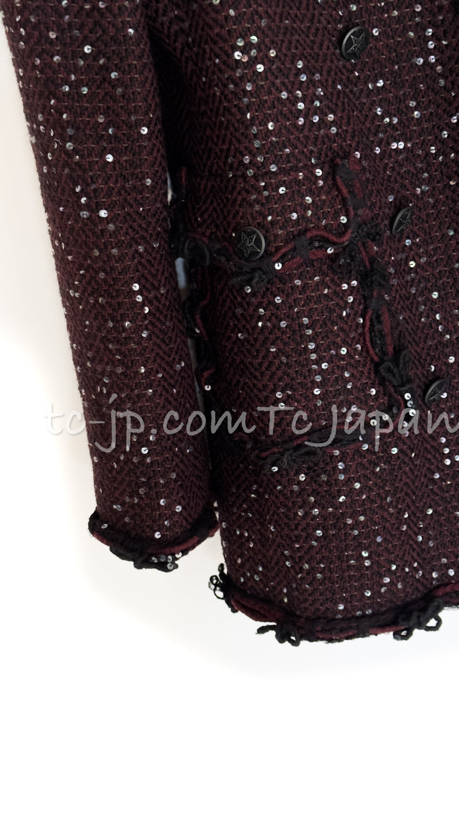 CHANEL 07PF Plum Burgundy Sequin Tweed Jacket Coat Skirt Suit 38 40 シャネル プラム バーガンディー スパンコール ツイード ジャケット コート スカート スーツ 即発