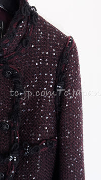 CHANEL 07PF Plum Burgundy Sequin Tweed Jacket Coat Skirt Suit 38 40 シャネル プラム バーガンディー スパンコール ツイード ジャケット コート スカート スーツ 即発