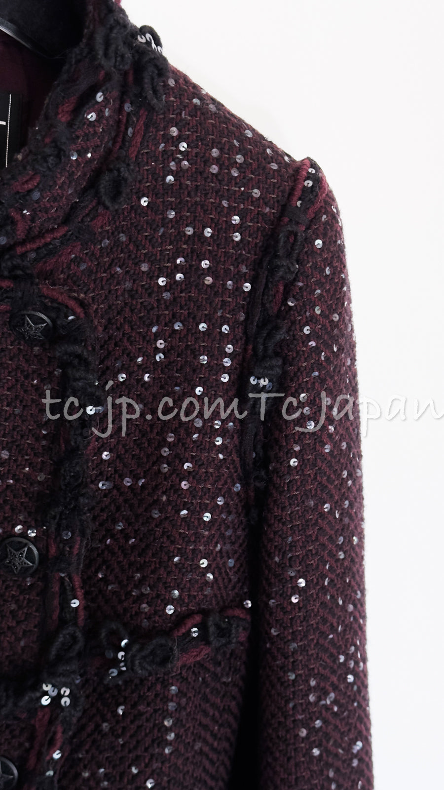 CHANEL 07PF Plum Burgundy Sequin Tweed Jacket Coat Skirt Suit 38 40 シャネル プラム バーガンディー スパンコール ツイード ジャケット コート スカート スーツ 即発