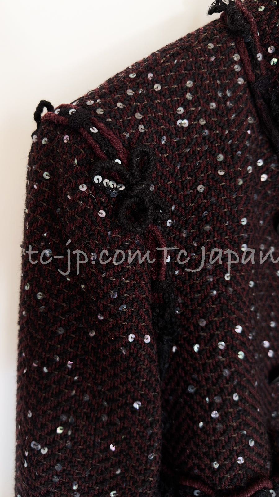 CHANEL 07PF Plum Burgundy Sequin Tweed Jacket Coat Skirt Suit 38 40 シャネル プラム バーガンディー スパンコール ツイード ジャケット コート スカート スーツ 即発