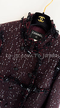 CHANEL 07PF Plum Burgundy Sequin Tweed Jacket Coat Skirt Suit 38 40 シャネル プラム バーガンディー スパンコール ツイード ジャケット コート スカート スーツ 即発