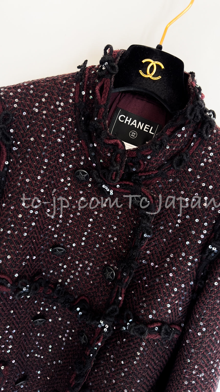 CHANEL 07PF Plum Burgundy Sequin Tweed Jacket Coat Skirt Suit 38 40 シャネル プラム バーガンディー スパンコール ツイード ジャケット コート スカート スーツ 即発